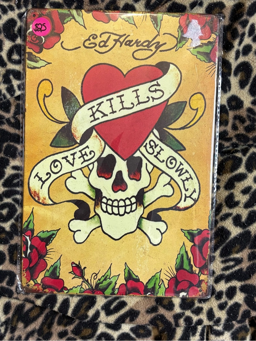 Y2K SEALED Ed Hardy Yellow Background Skull & Red Heart Plaque